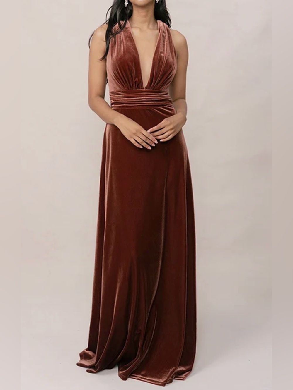 Revelry Sleeveless Plunge Velvet Maxi Dress in Terracotta